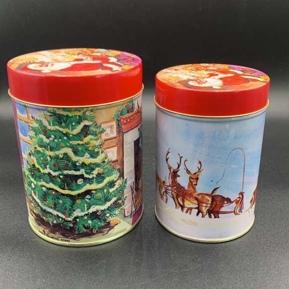 Vintage Two 80s Santa Airtight Round Metal Cookie Candy Food Containers - Picture 2 of 14